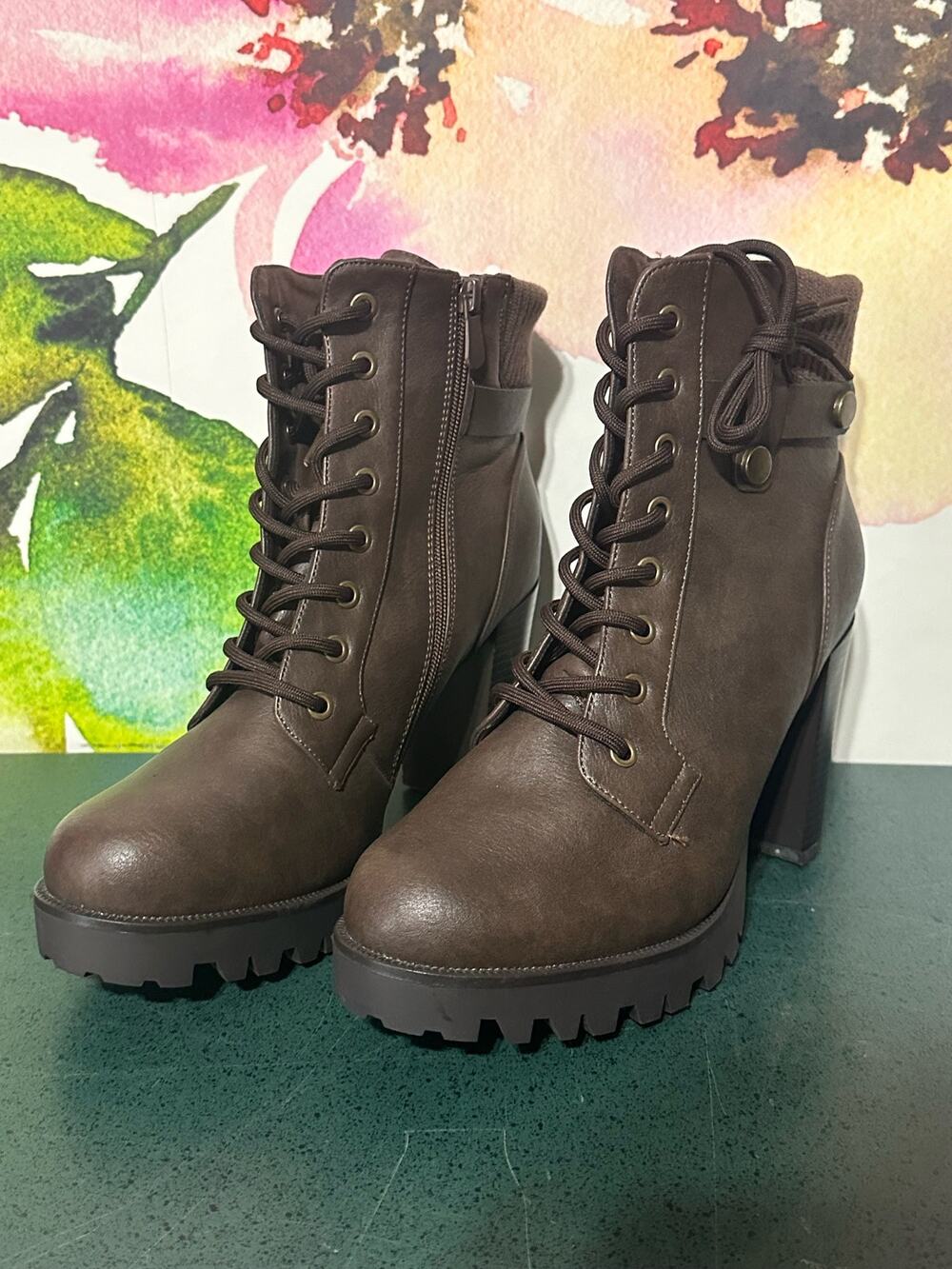 Womens Winter High Heel Chunky Booties Lace Up Side Zipper Ankle Boots Size 11